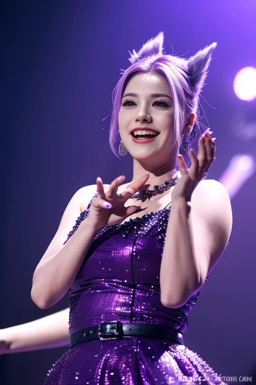 Ghost, (monster Girl), purple skin, spike, spiky purple hair, caught laughter, floating hand, wearing a dark purple dress, floating in the air, masterpiece, highest quality