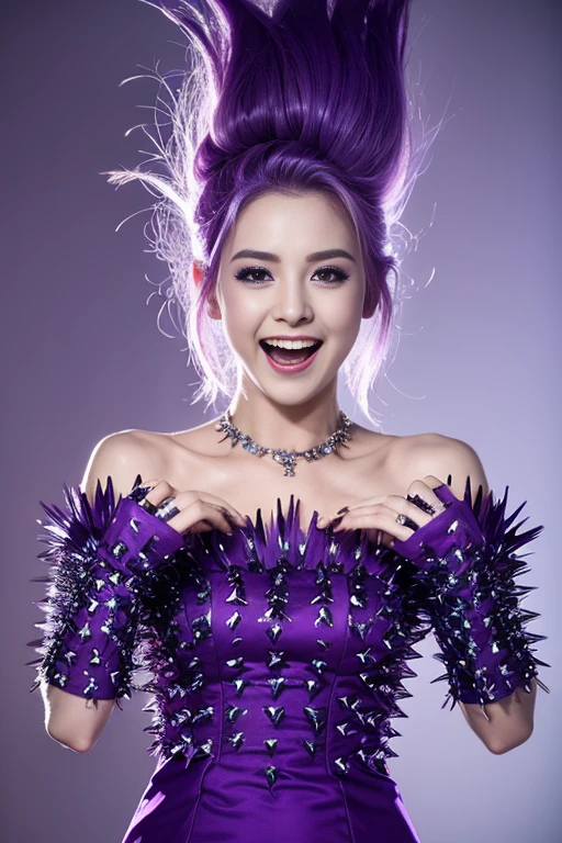 Ghost, (monster Girl), purple skin, spike, spiky purple hair, caught laughter, floating hand, wearing a dark purple dress, floating in the air, masterpiece, highest quality
