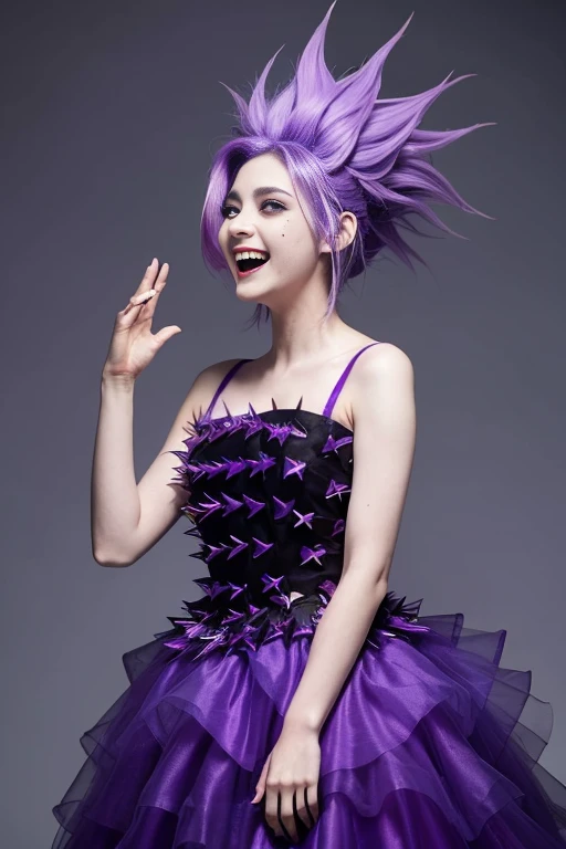 Ghost, (monster Girl), purple skin, spike, spiky purple hair, caught laughter, floating hand, wearing a dark purple dress, floating in the air, masterpiece, highest quality