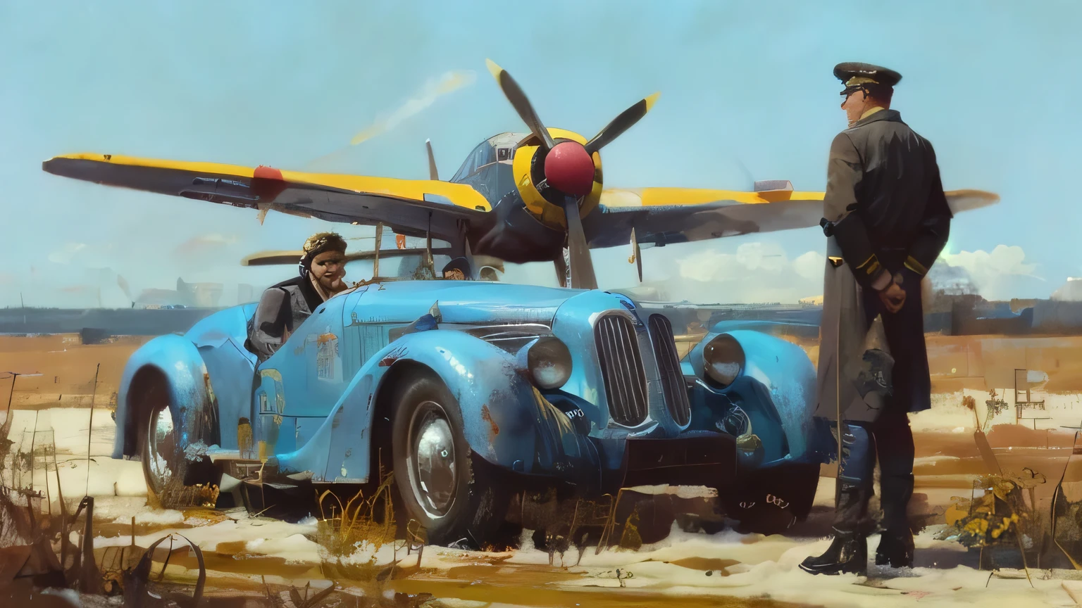 painting of a man standing next to a blue car with a yellow plane on top, dieselpunk art style, by Daniel Ljunggren, sergey kolesov, 4k highly detailed digital art, concept art | rhads, 4k art, octane cgsociety, wojtek fus, 4k detailed digital art, concept art 4k, concept art 4 k