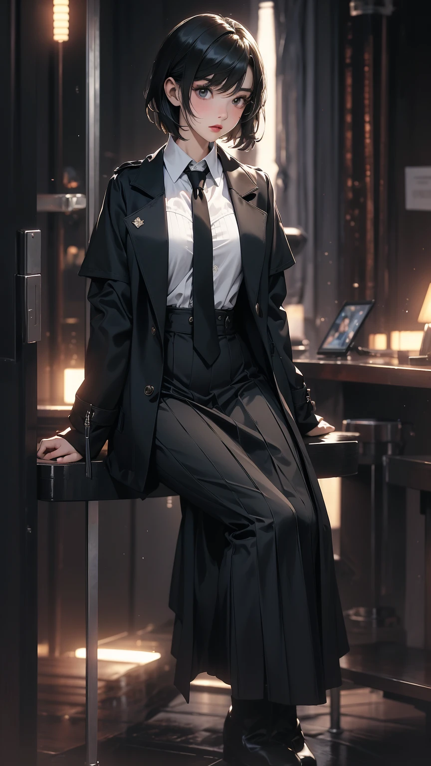((Highly detailed CG unit 8k wallpaper, masterpiece, High resolution, highest quality, highest qualityのリアルテクスチャスキン)), (sitting:1.5, fashion pose:1.2, A cool NY fashion girl influenced by nostalgic and inorganic mode fashion., detailed costume:1.4, Layered maxi skirt and military jacket combination:1.3, Asymmetrical short hair, Nana Komatsu), (blurred background, Vintage style room), hyper realistic, digital painting, concept art,
