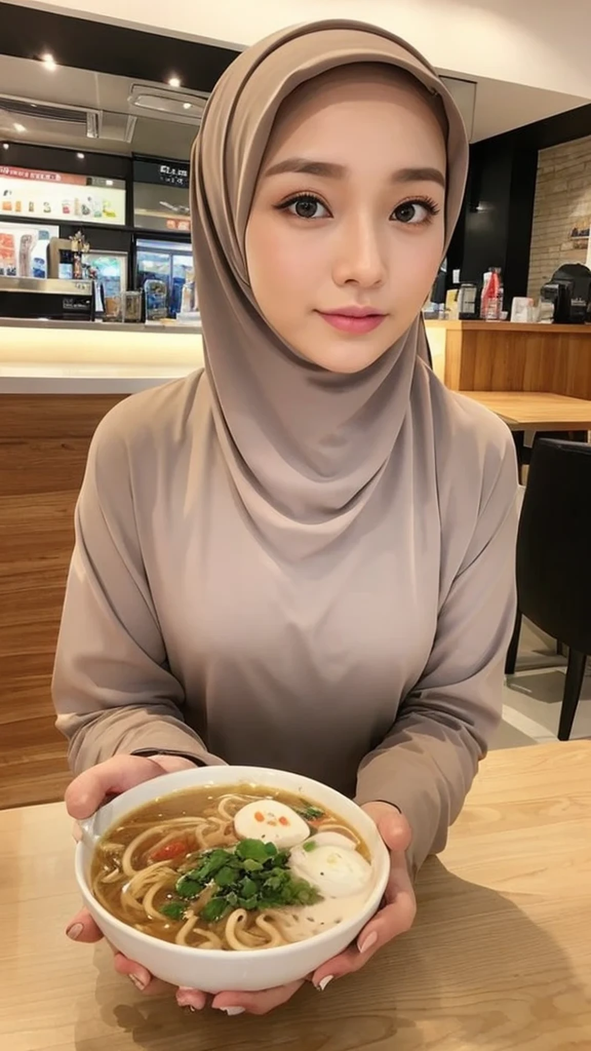Beautuful Women、hijab, indonesian, realistic,  cafe, ramen、selfee、The face is cute、Vanrak Ayyans appears. beautiful、alone