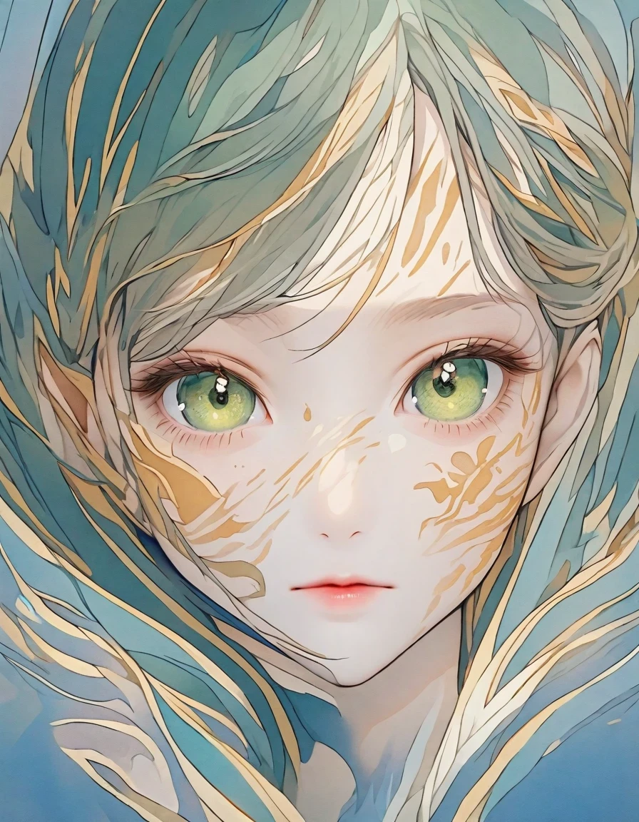 Elegant and charming beautiful woman's face outline painted using smooth ochre green lines on blue canvas ,portrait,close up