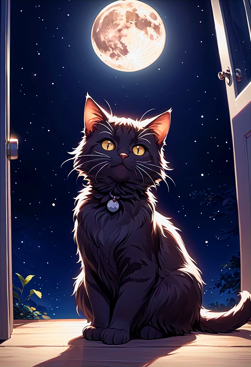 Gato preto no telhado a noite olhando pra lua full hd