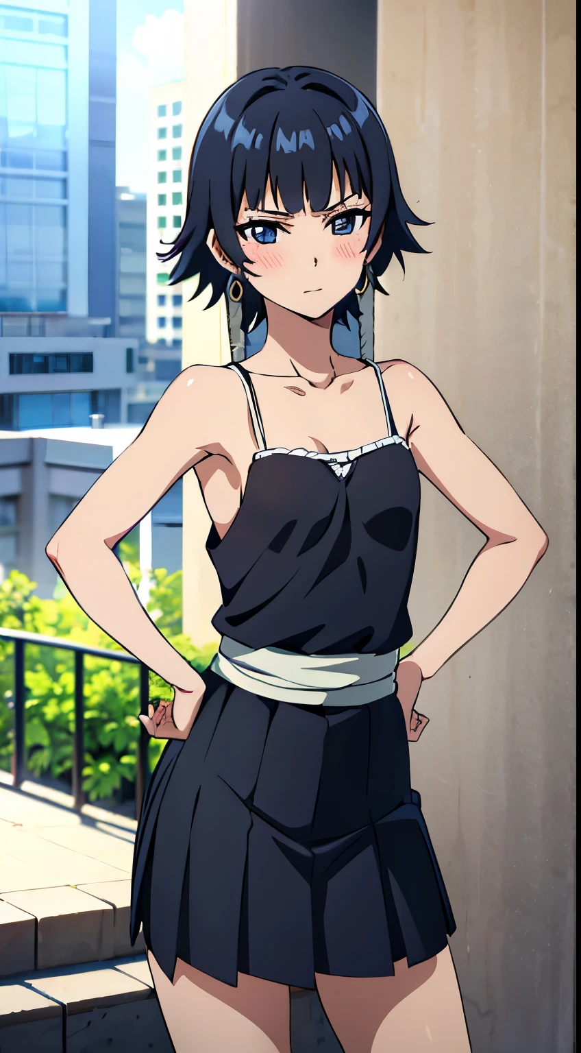 masterpiece,super high quality, High resolution,8K, Anime Art Style,soifon,girl1people, perfect face, black hair, short hair, Low twin braid,short hair with long hair,slender body, perfect hands, perfect anatomy ,(camisole,mini skirt,earrings,blush,city,),1in people,stylish pose,stylish angle,looking at the viewer,in the center of the image, (beautiful_small breasts:1.3), (beautiful_face:1.4),