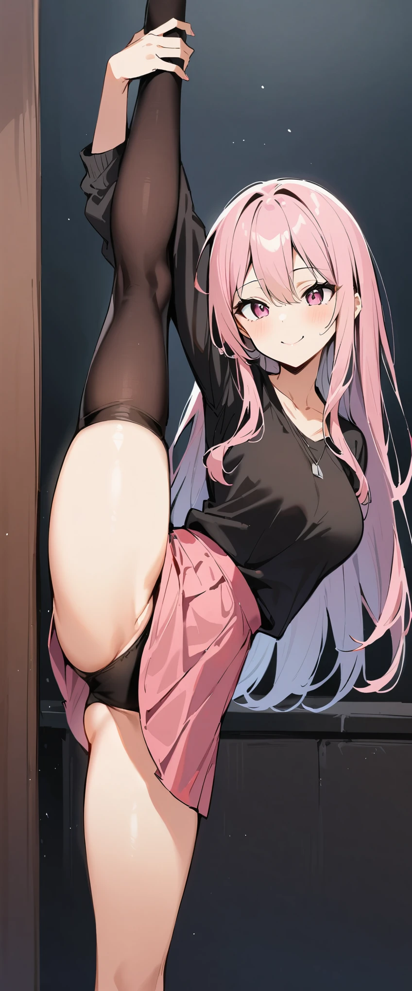 (masterpiece, highest quality:1.2), 1 girl, alone,Are standing_Split,
Yuuki eats, long hair,black tank top,pink skirt,smile,