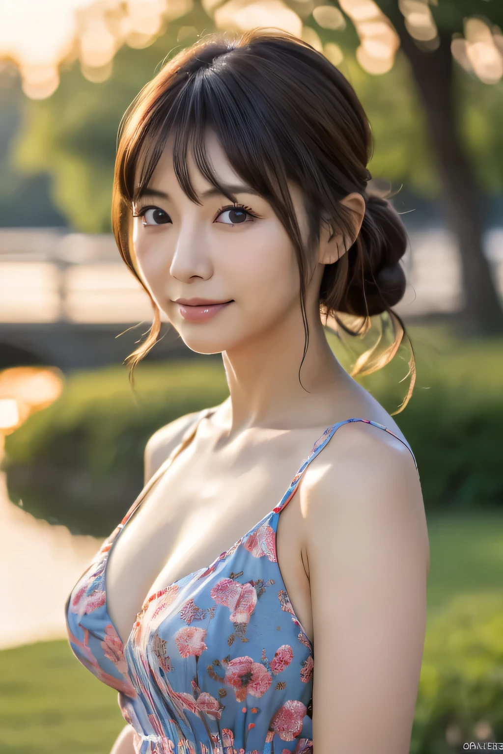 1 Japanese female, 40 years old,
very beautiful, (very cute), (Highly detailed beautiful face), wonderful face and eyes, pretty thick hair, 
different hairstyles, slightly bright eyes, normal makeup, 
(mini dress with camisole), 
(highest quality:1.4), (Super detailed), Highly detailed CG integrated 8k wallpaper, surreal, (Photoreal:1.4), RAW photo, professional photos, cinematic lighting, realistic portrait, ((Bokeh)), (Depth of the bounds written:1.4), (look at the photographer:1.3),
(In a park with a pond), 
big breasts, extremely thin waist, (Full body Esbian), accurate eyes, beautiful mouth, (keep your mouth completely closed),
(evening:1.3), (look at the camera), (amazing sunset:1.25), sleeveless, melancholy look