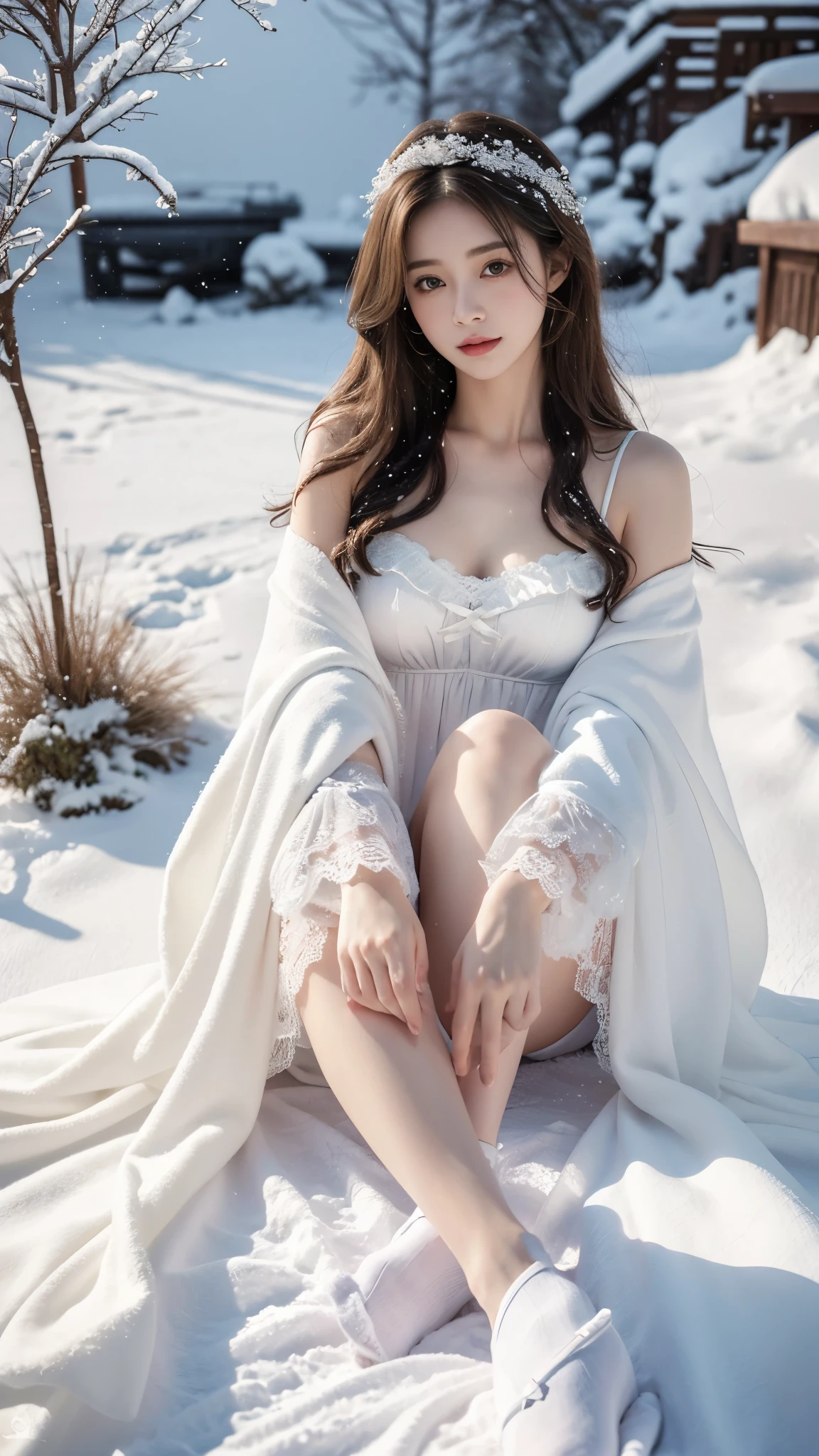 Yet another Nahida(Genshin Impact) LoRA，white lace chemise，Pure white snow，from below，Sit on the threshold，full bodyesbian，lewd nun（（Snow Mountain Church）），atarctive