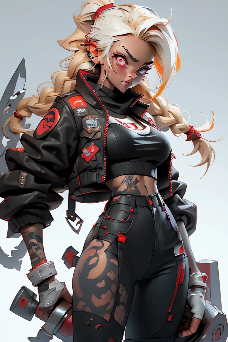 1girl, rebecca \(cyberpunk\), full body, solo, blonde braid hair, glowing red eyes,laugh fearlessly, leg tattoo, neck tattoo, large chest, black bra, thong, red pupils, skin fang, red eyes, black jacket, ((Holding a big hammer、white background:1.2))、dynamic angle、