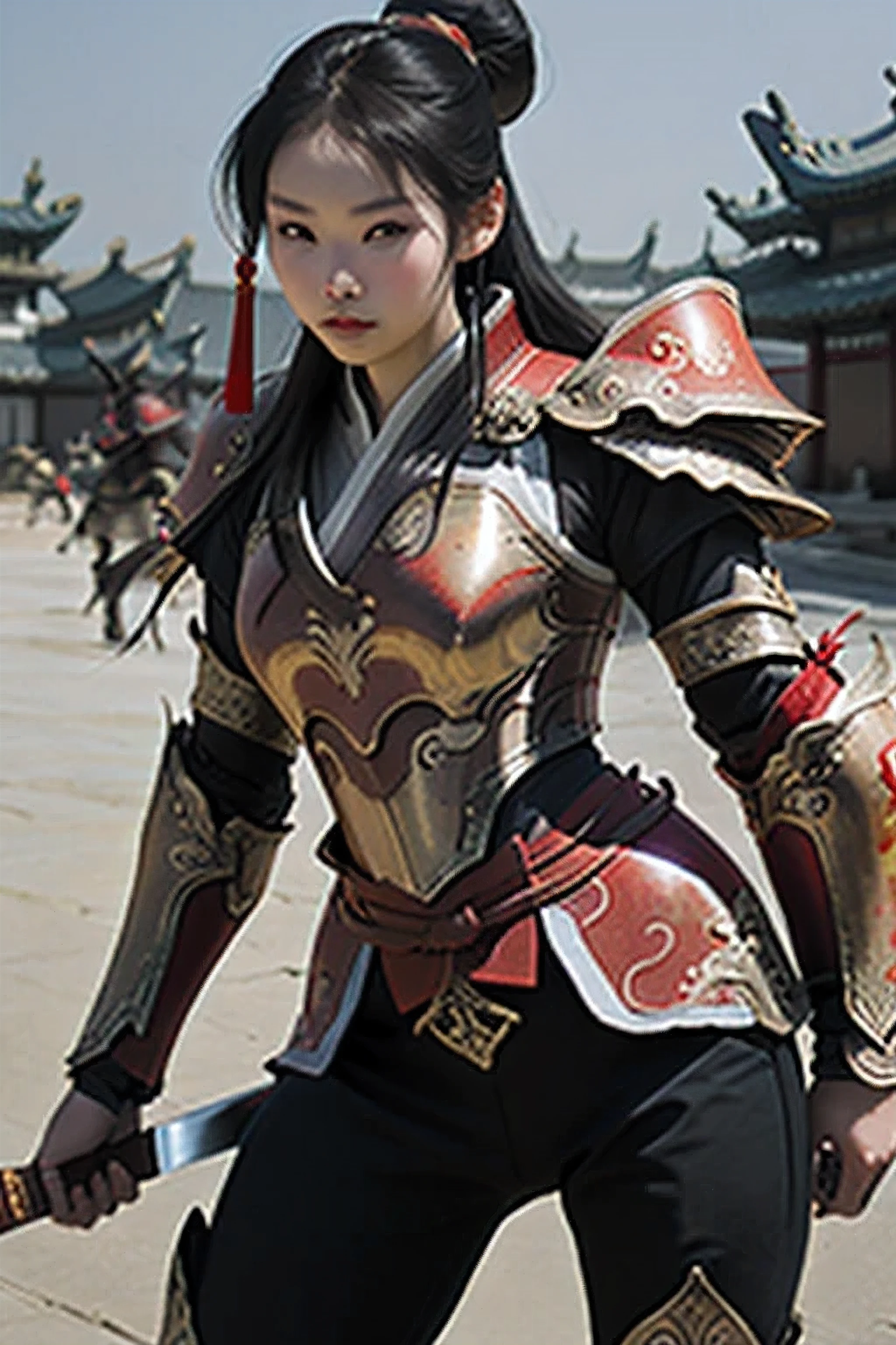 best quality, ultra high resolution, (realistic:1.4), 1 girl, (Ulzzang-6500:1.0), Mulan, (chinese red armor:1.4), Fighting with a big sword on the battlefield,