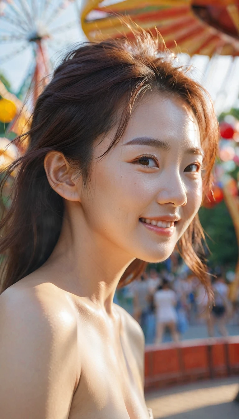 close-up of beautiful korean female, happy pose, in amusement park, under the sun, bokeh background, Polaroid photo, UHD, gaze looking beyond,red blush,Strong sunshine,delicate and messy hair,realistic skin textures, Pronounced pores and skin wrinkles,((strong light shines on the face)), The upper part of the body, naked portrait, nude photography, detailed armpit, pussy pubic hair, shiny nipple
