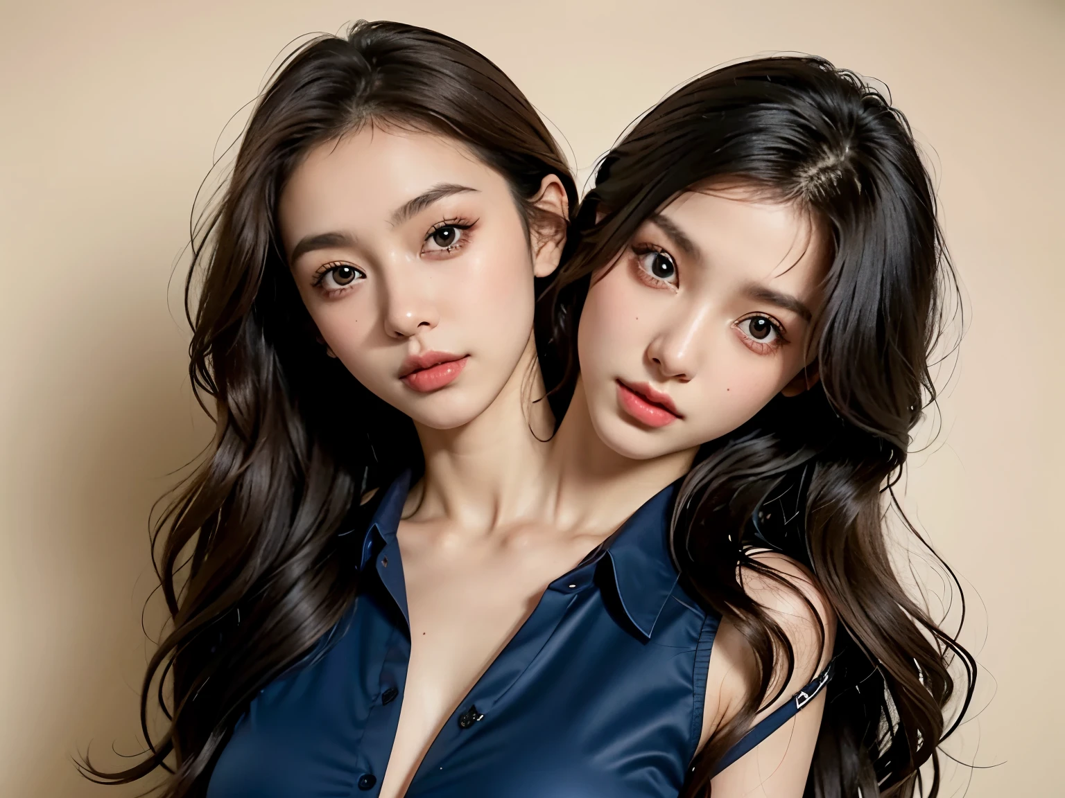 bestresolution, (2heads:1.2), two korean women looking directly at viewer, posing, beautiful gemini twins portrait, beautiful gemini twins, kpop, celebrity, sisters, twins, two, promotional picture, beautiful faces, gorgeous faces, promo image,