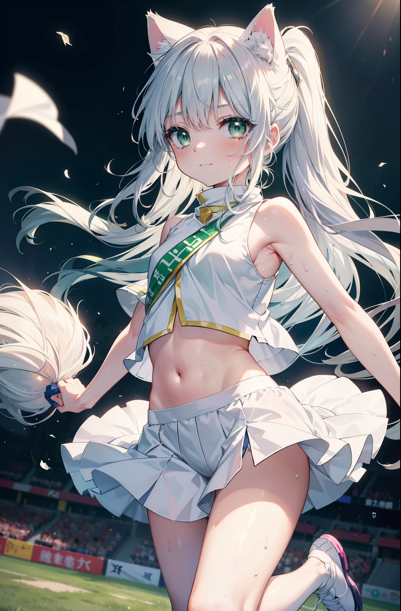 index, index, (green eyes:1.5), silver hair, long hair, (flat chest:1.2),ponytail,(cheer leading), (whole body),animal ears　 Cat ear,Animal tail　cat tail,lower, (sweaty), sweaty Wet Clothes, (white clothes), , Navel support, playground, (jump), (jump), 足を曲げてjumpする, air, blue sky, Grass原, smile,Cheerleader, pom pom \(cheer leading\), Grass, smile, 
break looking at viewer, Upper body, whole body,
break indoors, stadium,
break (masterpiece:1.2), highest quality, High resolution, unity 8k wallpaper, (figure:0.8), (beautiful deしっぽed eyes:1.6), extremely deしっぽed face, perfect lighting, extremely deしっぽed CG, (perfect hands, perfect anatomy),