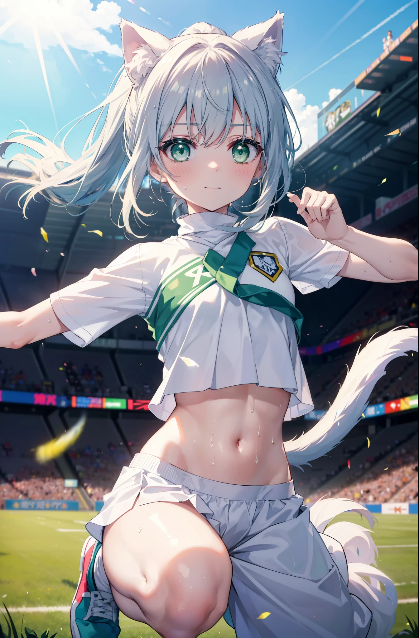 index, index, (green eyes:1.5), silver hair, long hair, (flat chest:1.2),ponytail,(cheer leading), (whole body),animal ears　 Cat ear,Animal tail　cat tail,lower, (sweaty), sweaty Wet Clothes, (white clothes), , Navel support, playground, (jump), (jump), 足を曲げてjumpする, air, blue sky, Grass原, smile,Cheerleader, pom pom \(cheer leading\), Grass, smile, 
break looking at viewer, Upper body, whole body,
break indoors, stadium,
break (masterpiece:1.2), highest quality, High resolution, unity 8k wallpaper, (figure:0.8), (beautiful deしっぽed eyes:1.6), extremely deしっぽed face, perfect lighting, extremely deしっぽed CG, (perfect hands, perfect anatomy),