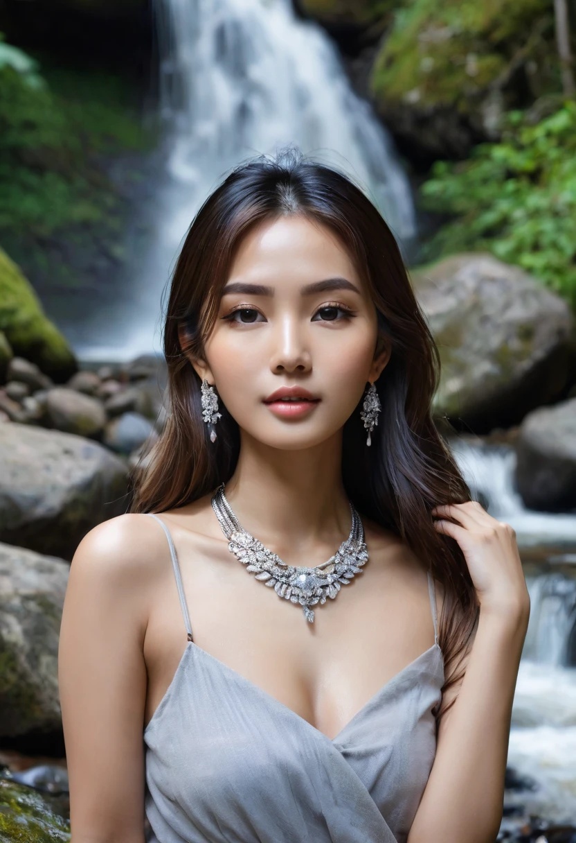 ชุดเปลือยนางwetโชกไปด้วยน้ำที่เผยให้เห็นขนของเธอ. See every part of the body inside. Add cuteness with a diamond necklace.,hoop earrings,bangle, long straight hair, posing with a rock, waterfall, forest, mountain, film light stream, Medium shot, full width, close up. ( Sleeping on the ground near the stream ) open legs, wet, open mouth, close up, The face turns to look at the viewer..