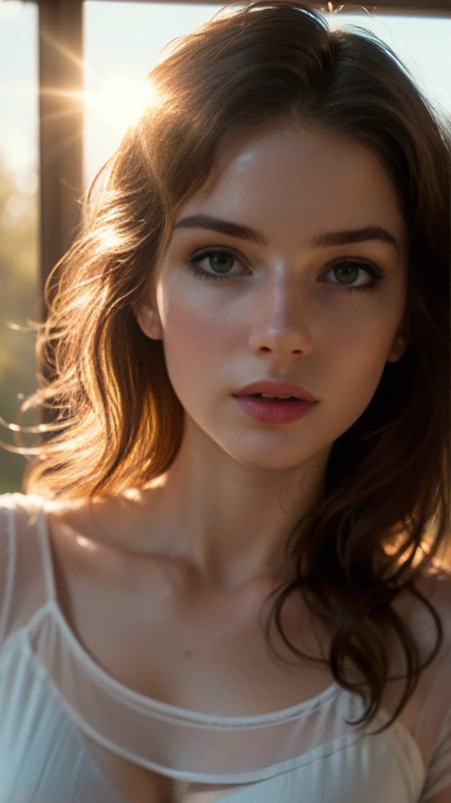 (((ultra realistic))) Photo, masterpiece, top quality, (pale skin), (Ultra detailed face and eyes:1.3), 1 girl, Adult, in a T-shirt, full body, (Eye makeup, mascara) , ((large detailed lips)), ((ash wavy hair)), ((Chyolka)) , (Natural breasts), Slim waist. ((Posing)), photoshoot, studio (soft lighting), (The play of light and shadows), depth of field, bokeh, (special attention to skin detail: 1.2), Detailed leather texture, skin pores. (Airy atmosphere of the frame. Color range - delicate, Bright, white, Pink tones), UDR, ((Film grain)), ((rays)), ((glare of the sun)), ((waist up portrait, close to the camera)) , ultra detialed,