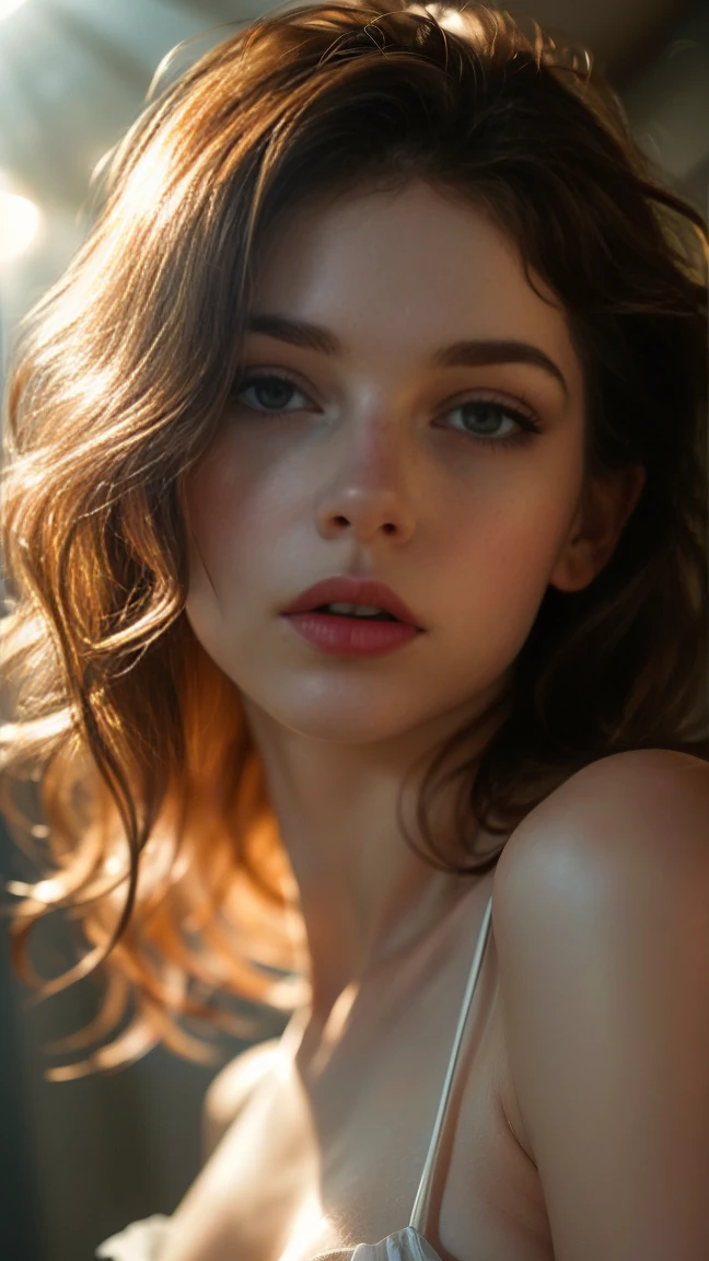 (((ultra realistic))) Photo, masterpiece, top quality, (pale skin), (Ultra detailed face and eyes:1.3), 1 girl, Adult, in a T-shirt, full body, (Eye makeup, mascara) , ((large detailed lips)), ((ash wavy hair)), ((Chyolka)) , (Natural breasts), Slim waist. ((Posing)), photoshoot, studio (soft lighting), (The play of light and shadows), depth of field, bokeh, (special attention to skin detail: 1.2), Detailed leather texture, skin pores. (Airy atmosphere of the frame. Color range - delicate, Bright, white, Pink tones), UDR, ((Film grain)), ((rays)), ((glare of the sun)), ((waist up portrait, close to the camera)) , ultra detialed,