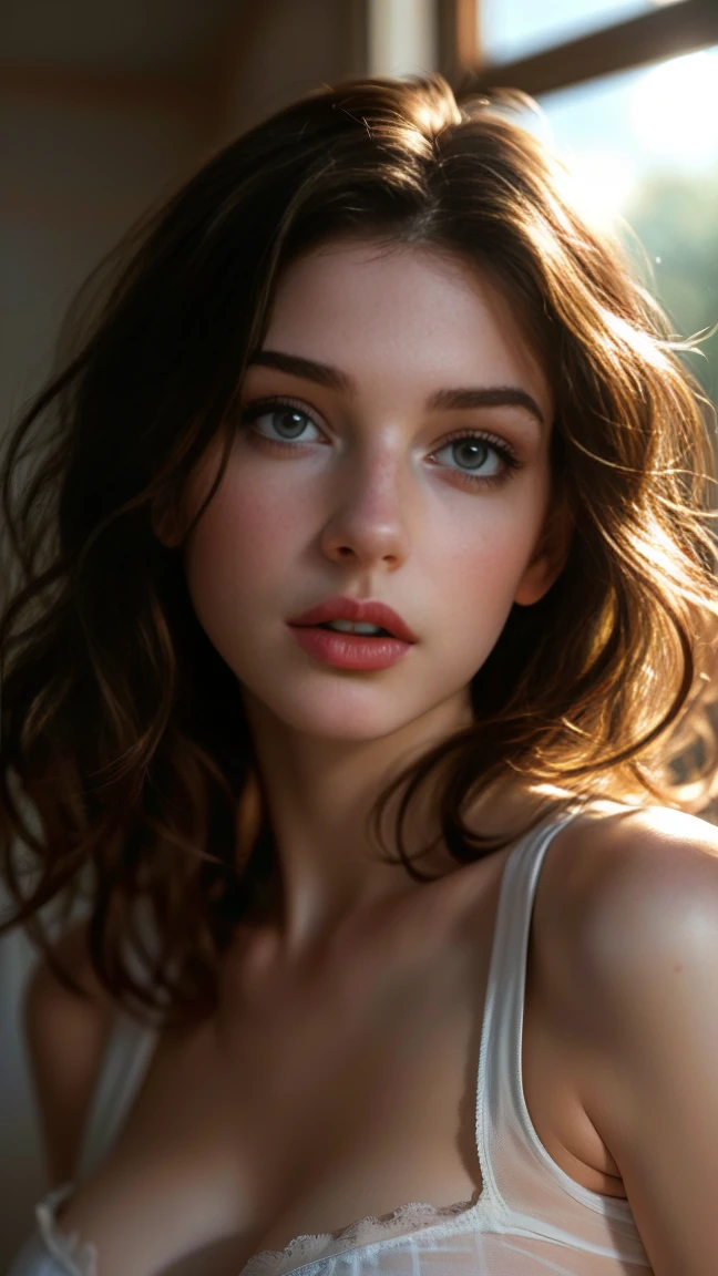 (((ultra realistic))) Photo, masterpiece, top quality, (pale skin), (Ultra detailed face and eyes:1.3), 1 girl, Adult, in a T-shirt, (Eye makeup, mascara) , ((large detailed lips)), ((ash wavy hair)), ((Chyolka)) , (Natural breasts), Slim waist. ((Posing)), photoshoot, studio (soft lighting), (The play of light and shadows), depth of field, bokeh, (special attention to skin detail: 1.2), Detailed leather texture, skin pores. (Airy atmosphere of the frame. Color range - delicate, Bright, white, Pink tones), UDR, ((Film grain)), ((rays)), ((glare of the sun)), ((waist up portrait, close to the camera)) , ultra detialed,