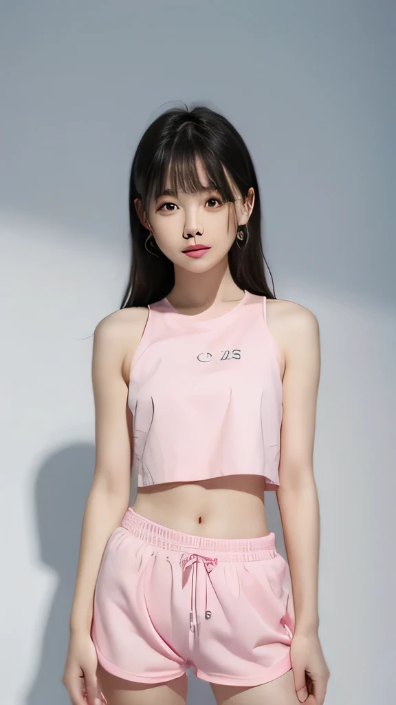 a girl,asian face,small ,,Wearing a pink crop top and white low-rise shorts,Leaking the entire abdomen above and below the navel