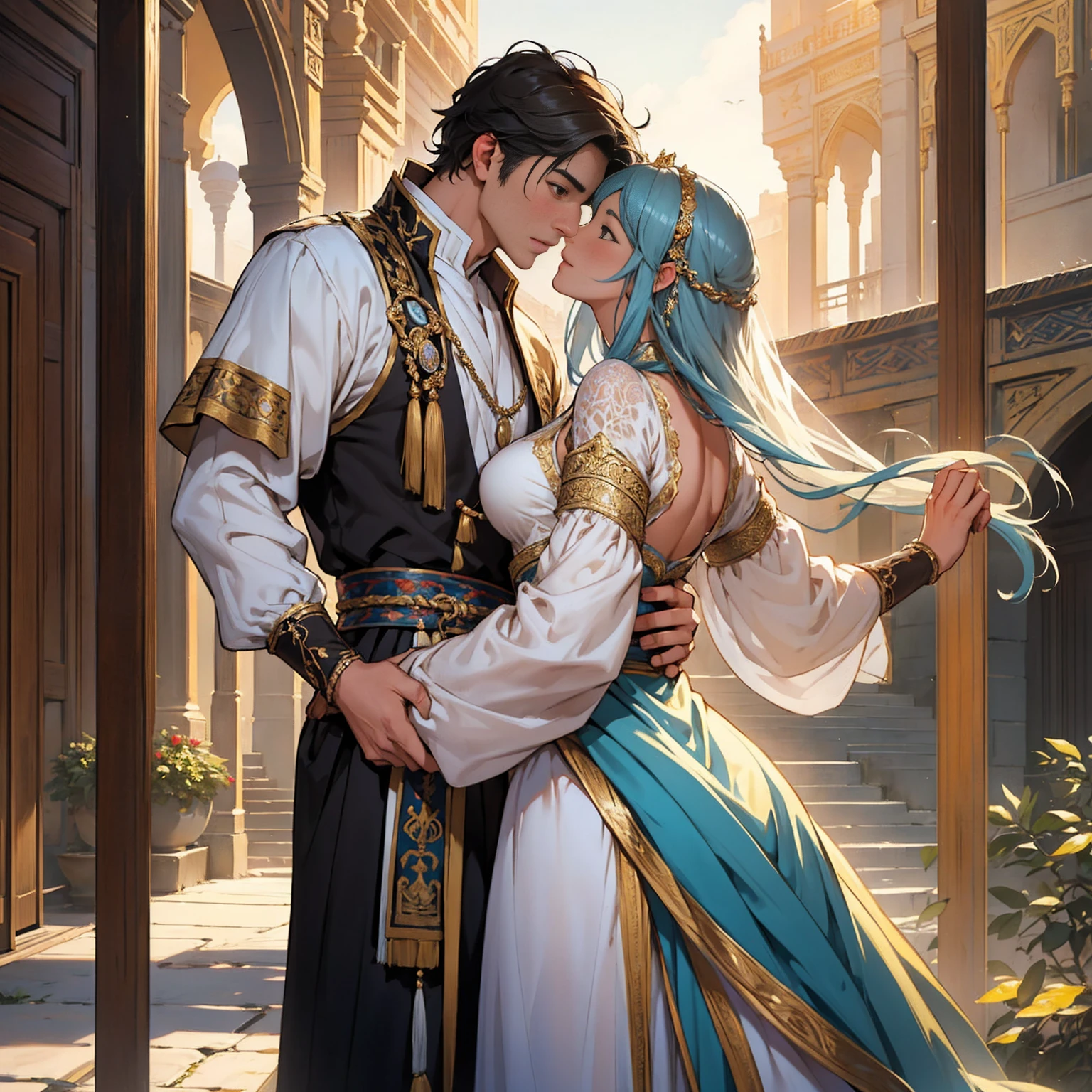 An intimate encounter between a man and a woman unfolds in a heartwarming and enchanting scene.。The stage is、The steppes of medieval Central Asia。The banks of the Ili River sparkling in sunlight。Fantastic and majestic continental scenery。Ethnic、Creates a romantic atmosphere。 They stand facing each other,。their heights are different from each other。 emphasizes their unique physical characteristics。 That man is his height,Has dark hair that frames his striking face。The man is the crown prince of the Turku nomadic empire in the steppes.。The man was wearing an ultramarine costume.、It is decorated with intricate golden embroidery.。Women are ordinary people of the Taklamakan Desert oasis, wearing Uighur national dress.。The woman is delicate and .。Her flowing, light-colored hair shows off her radiant beauty.。Their lips meet in a passionate kiss。 their pure love、Emphasis is placed on transcending class and culture.。 This magical moment captures the essence of their love。Evokes a sense of sweetness and seduction。symbolism、Impressionism、romantic、Persian miniature、The Romance of the Silk Road、Reminiscent of the style of Alma Tadema and Gustave Moreau、delicate、beautiful、It has an exotic, luxurious and profound charm.。digital art。