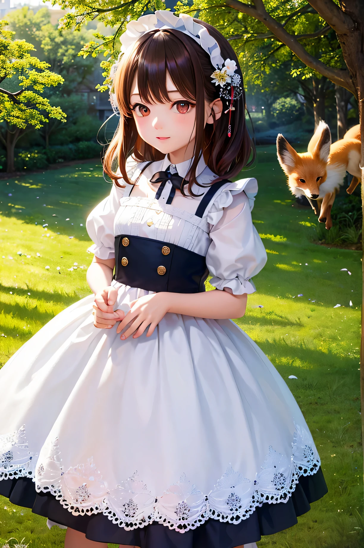 (masterpiece), highest quality, High resolution, very detailed, detailed background, perfect lighting, outside, 1 girl, Cherry tree in full bloom、light brown hair、bright red eyes、Small fox earimi is facing forward、Dark blue and white maid outfit、