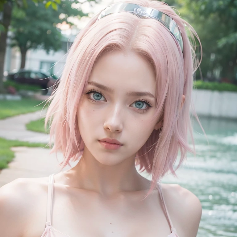 young woman, short shoulder-length pink hair, wide forehead, porcelain skin, pink eyebrows, big emerald green eyes, buttoned nose, full lips, heart-shaped face, slender body, small breasts, red tank top, Sakura Haruno , realistic, realism, details, 3d, well detailed
