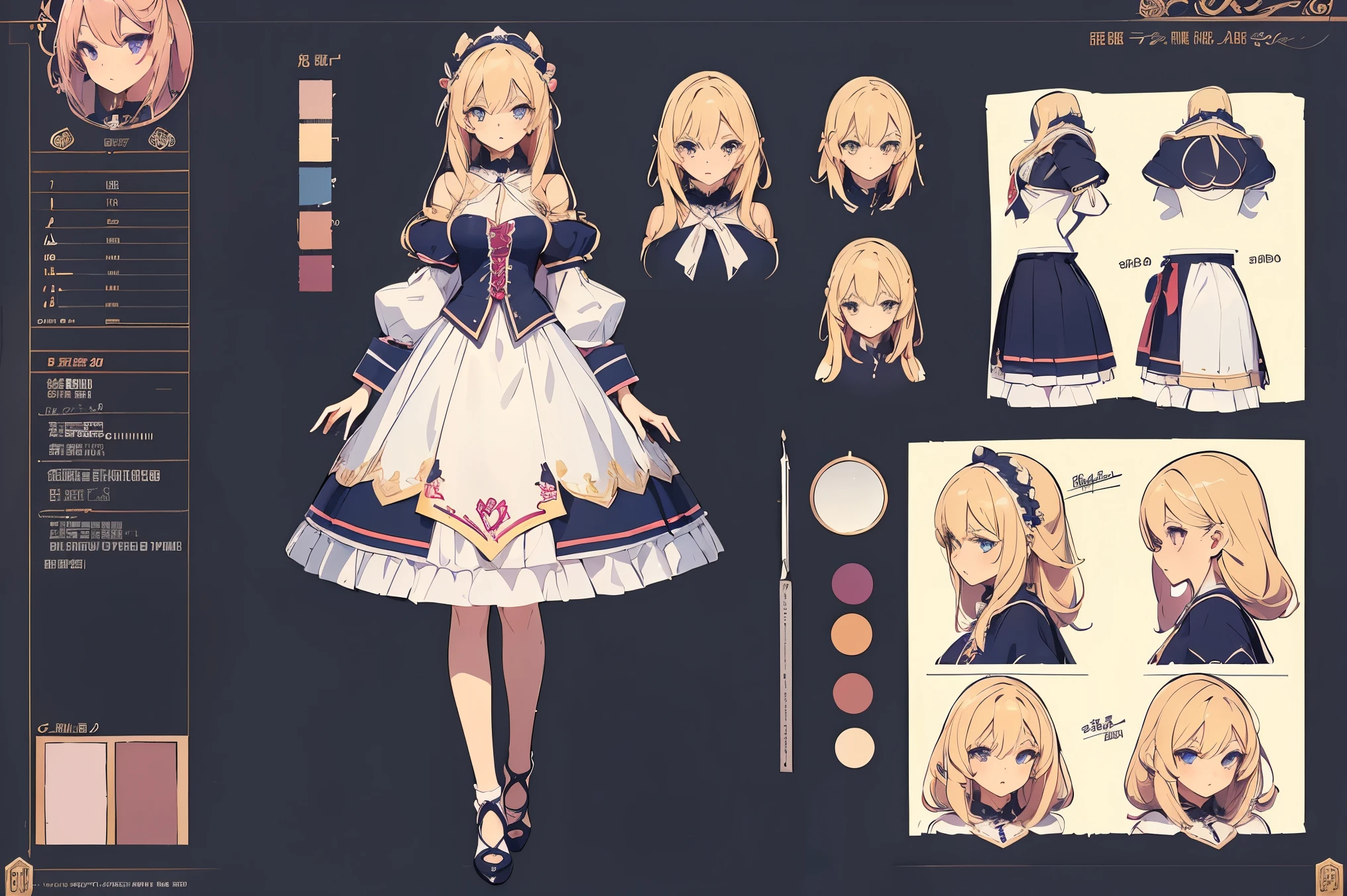 (highest quality、4k、8K、High resolution、masterpiece: 1.2)、Super detailed、genuine、photogenuineistic、(((female character design sheet)))、An illustration、(((character design sheet, Detailed character description)))、Full-body three-dimensional drawing and detailed description of clothing:1.2, creative design、High girl design、Unique and cute design、Impressive anatomy、Expressing the charm of girls、shining eyes、shiny hair、bright colors、Perfectly balanced composition。