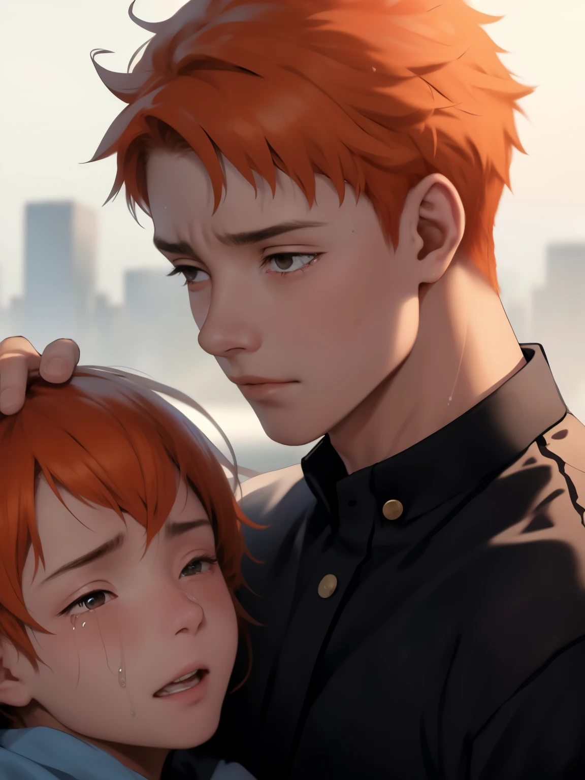 15-year-old girl with orange hair cries with sadness because her friend has died