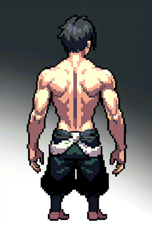 Pixel art style,8k,anime, boy, back turned, shirtless, turning his head to teh side looking towards you. black and white scheme
