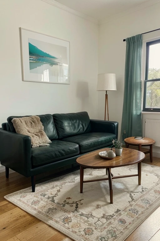 A teal sofa with multiple colorful cushions, accompanied by an olive green side table and lamp on the right, set against white walls in front of black wooden flooring. The scene is captured from eye level, showcasing rich textures like soft fabric or leather for depth. A small rug adds to its bohemian vibe. This photograph was taken using Canon EFS f/8.0 lens at ISO456 resolution, creating a vibrant atmosphere