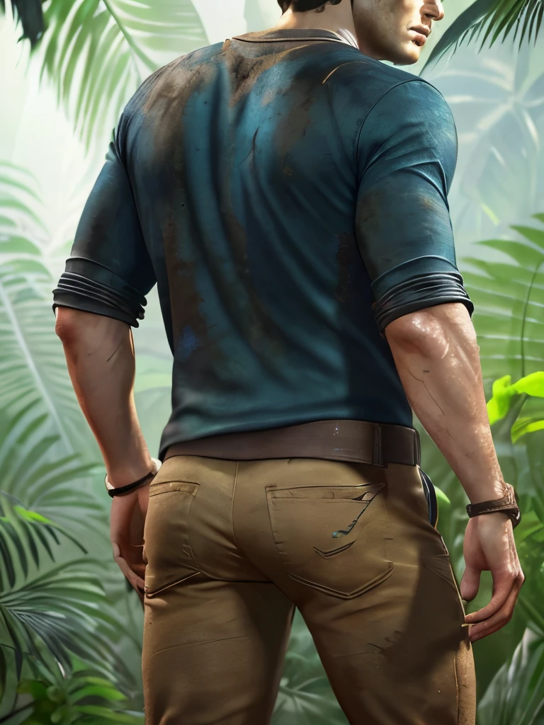 view from bottom, nateu4, man solo, blue shirt, dirty clothes, In the jungle, standing, short hair, back butt close up view, ((masterpiece)) beautiful background, best illustration, (best quality), (((realistic skin texture))), ((photorealism quality)), high resolution, high detail, (digital art trending on Artstation), ultradetailed, intricate detail