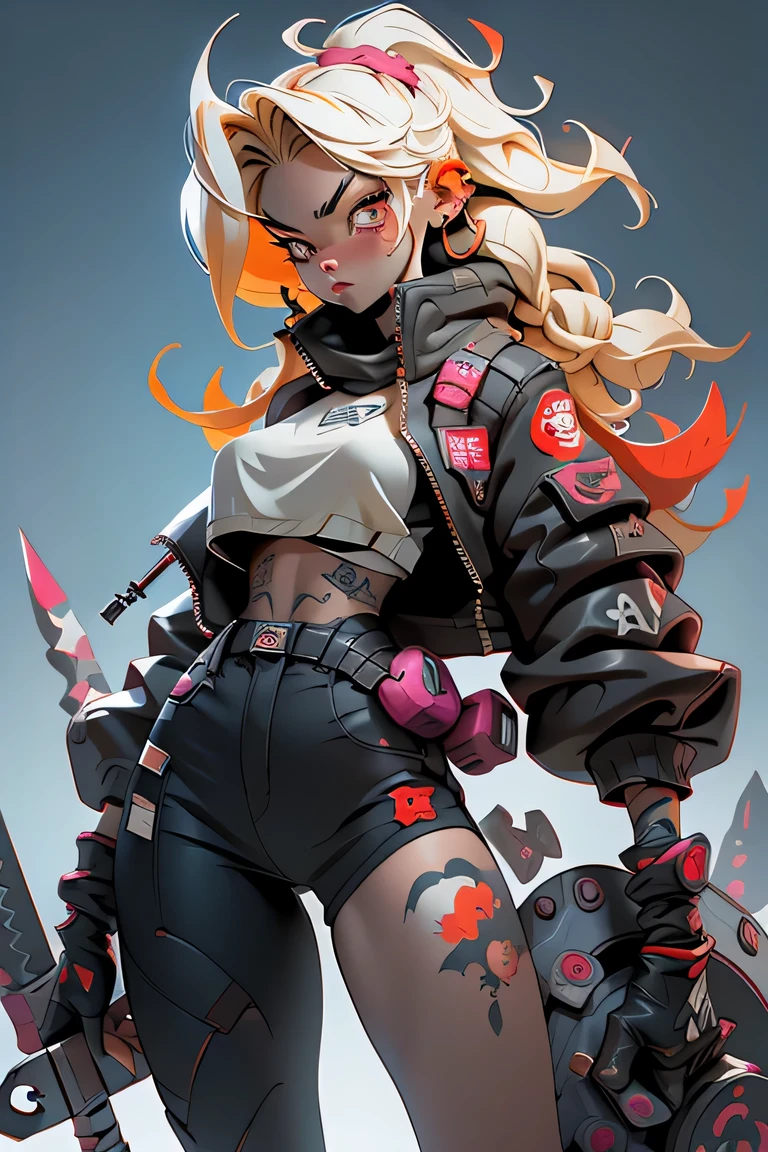 1girl, rebecca \(cyberpunk\), full body, solo, blonde braid hair, glowing red eyes,laugh fearlessly, leg tattoo, neck tattoo, large chest, black bra, thong, red pupils, skin fang, red eyes, black jacket, ((Holding a big hammer、white background:1.2))、dynamic angle、