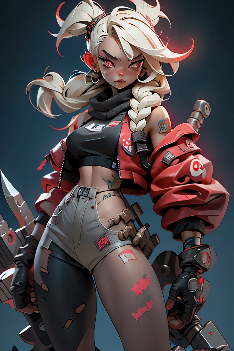 1girl, rebecca \(cyberpunk\), full body, solo, blonde braid hair, glowing red eyes,laugh fearlessly, leg tattoo, neck tattoo,  large chest, black bra, thong, red pupils, skin fang, red eyes, black jacket, ((Holding a big hammer、white background:1.2))、dynamic angle、