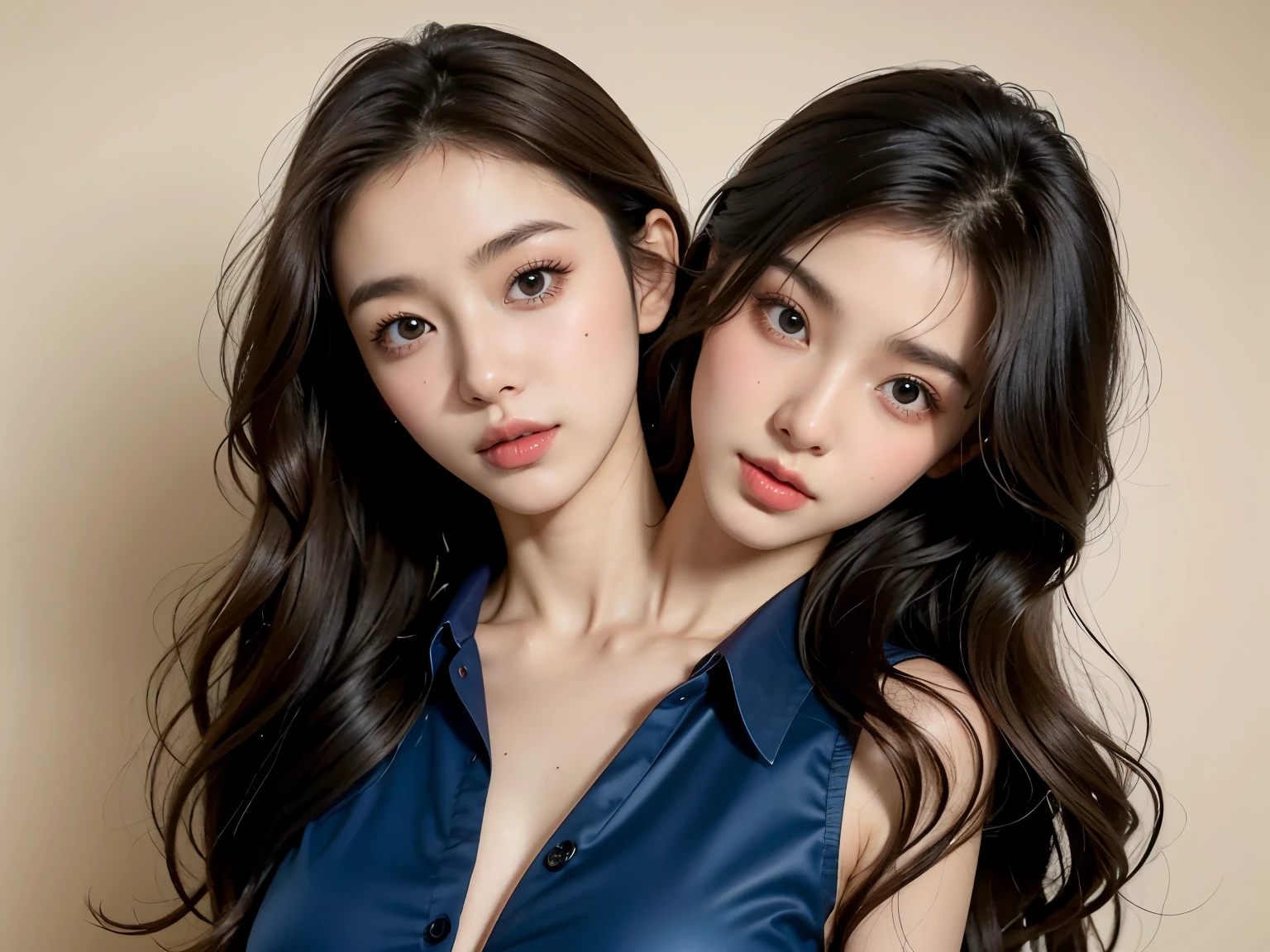 bestresolution, (2heads:1.2), two korean women looking directly at viewer, posing, beautiful gemini twins portrait, beautiful gemini twins, kpop, celebrity, sisters, twins, two, promotional picture, beautiful faces, gorgeous faces, promo image,