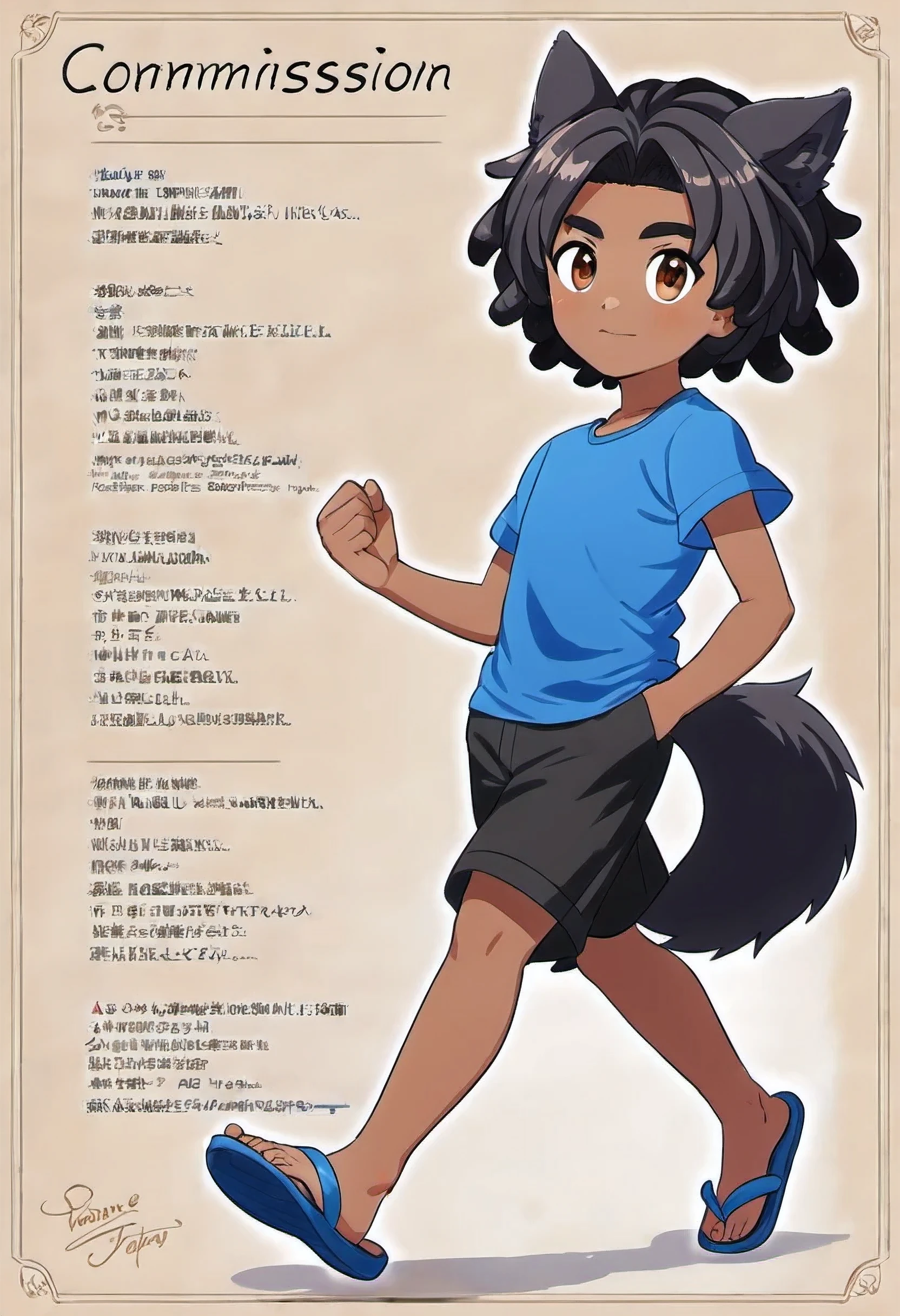 1boy, 7 year old, small, young, dark skin, African American, Brown eyes, Black Coiley hair, Kinky hair, Short Dreadlocks, Black Wolf ears, Black Wolf tail, Blue t-shirt, Black shorts, Flip flops, Perfect hands, Hands in pockets, full body portrait, Forest background, looking at viewer, masterpiece, high resolution, ultrasharp, 8k full body commission for, thick tail, commission for high res, full body picture, casual pose, wolf boy, strong pose, Joyfully running, perfect feet, Running pose, Perfect pose, multiple different angles, Character sheet, perfect angles, Proper looking feet