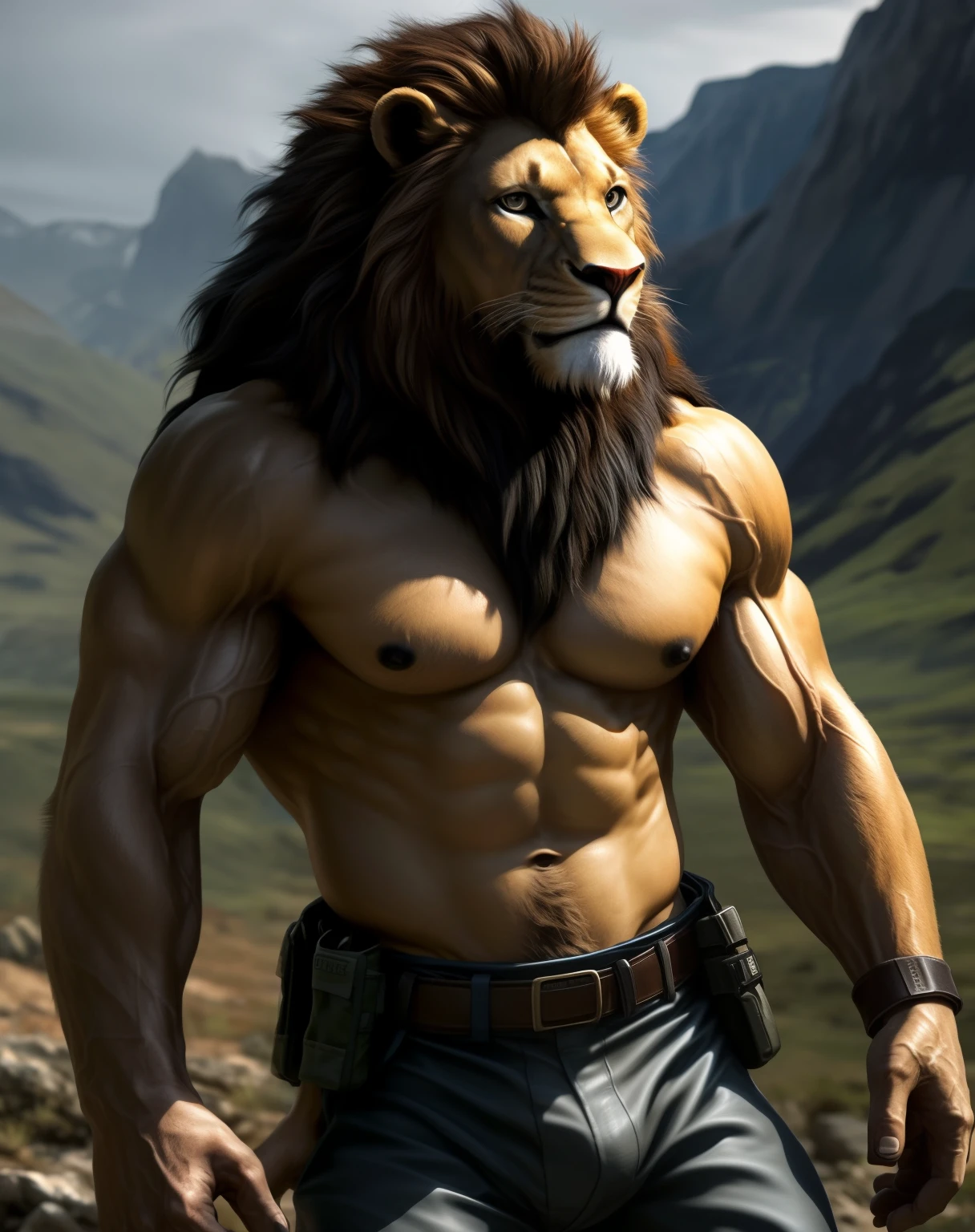 anthro, lion, solo, male, adult, veiny muscles, very muscular, buffed body, beefy, deep dark blue military pants, war hero, serious look, small eye, furred body, detailed background, wilderness background, clear weather, realistic, photorealistic, ultra realistic, 8k, bare-chested, red armband, black nipples, black eyes, tight big crotch, shirtless, unbutton deep dark blue jacket, utility belt, glistening skin