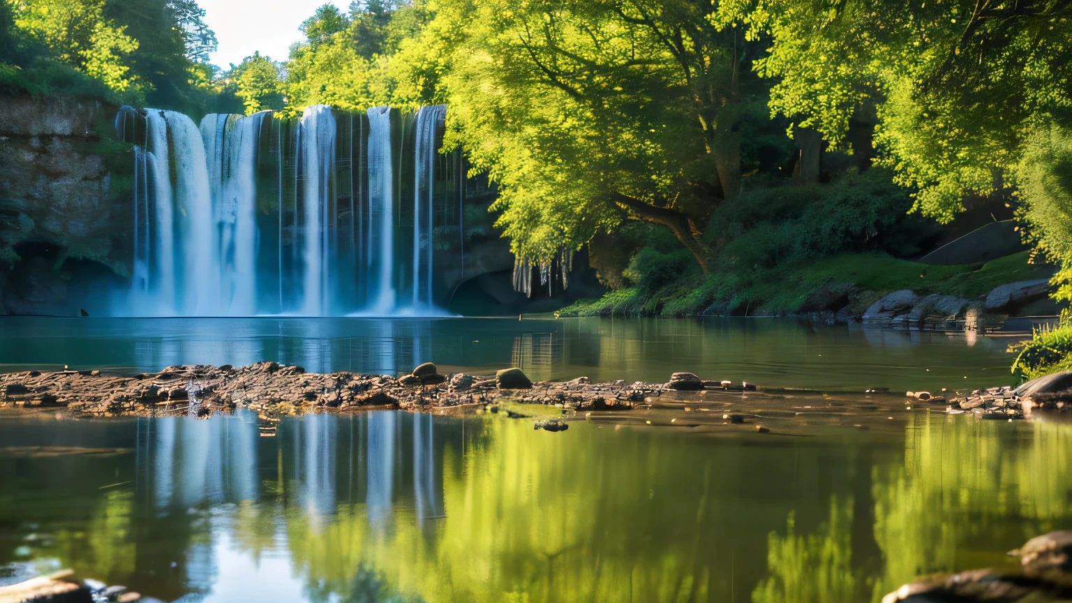 Jesus Christ, nature, waterfalls, lake, peace, (best quality, 4k, high-res, masterpiece:1.2), ultra-detailed, (realistic, photorealistic:1.37), HDR, clear reflections, serene atmosphere, lush greenery, tranquil sound of flowing water, breathtaking landscape, birds chirping, beams of sunlight, divine presence, soothing colors, soft and warm light.