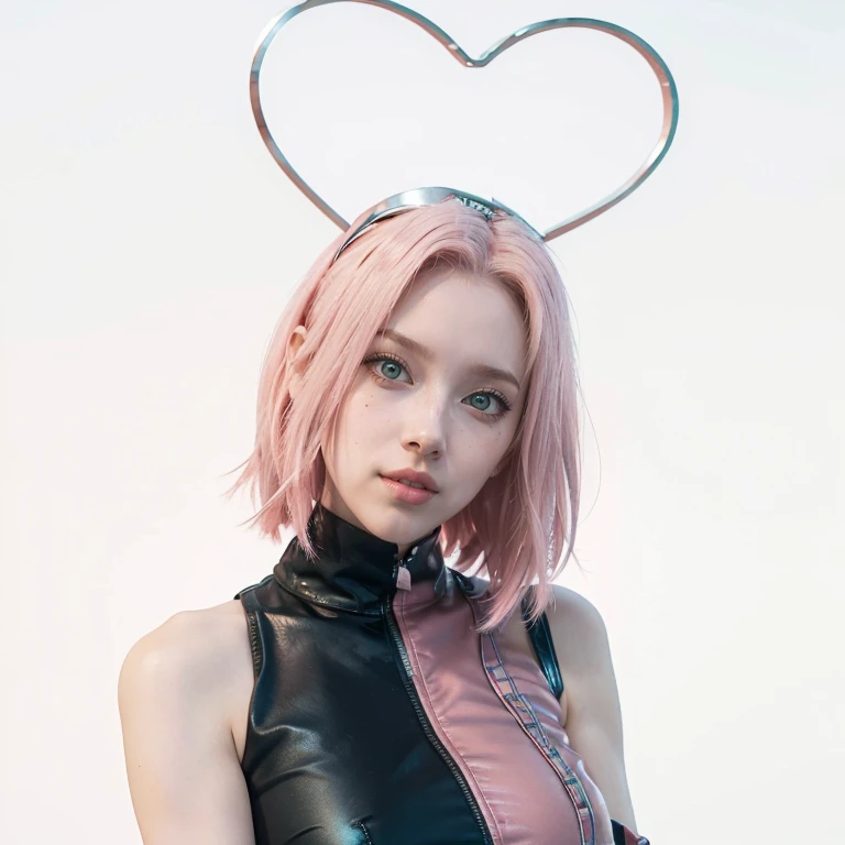 young woman, short shoulder-length pink hair, wide forehead, porcelain skin, pink eyebrows, big emerald green eyes, buttoned nose, full lips, heart-shaped face, slender body, small breasts, red tank top, Sakura Haruno , realistic, realism, details, 3d, well detailed
