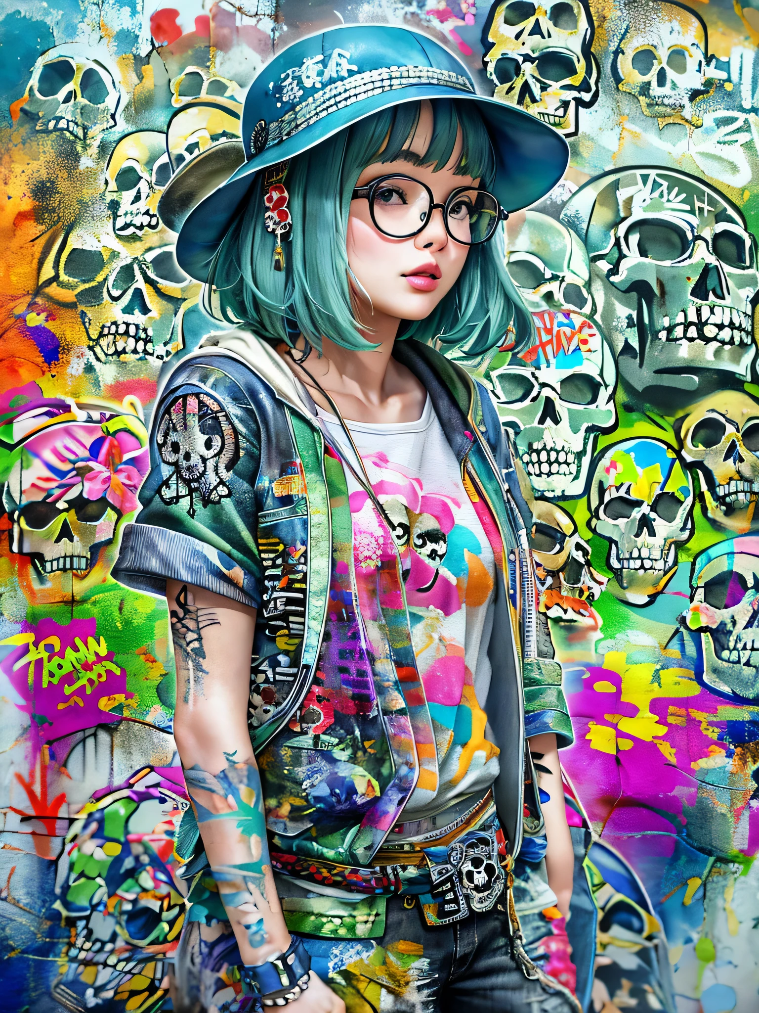 8K quality, watercolor painting, stylish design, (((The strongest beautiful girl of all time))), (((Japanese)))、Idol、clear, stylish glasses, Fashionable hats, (((highest quality))), bob hair, put your hand on the wall, HDR, ((Detailed details)), (((skull fashion))), detailed clothing texture, (((graffiti art))), colorful hair, ((masterpiece))、((Super detailed))