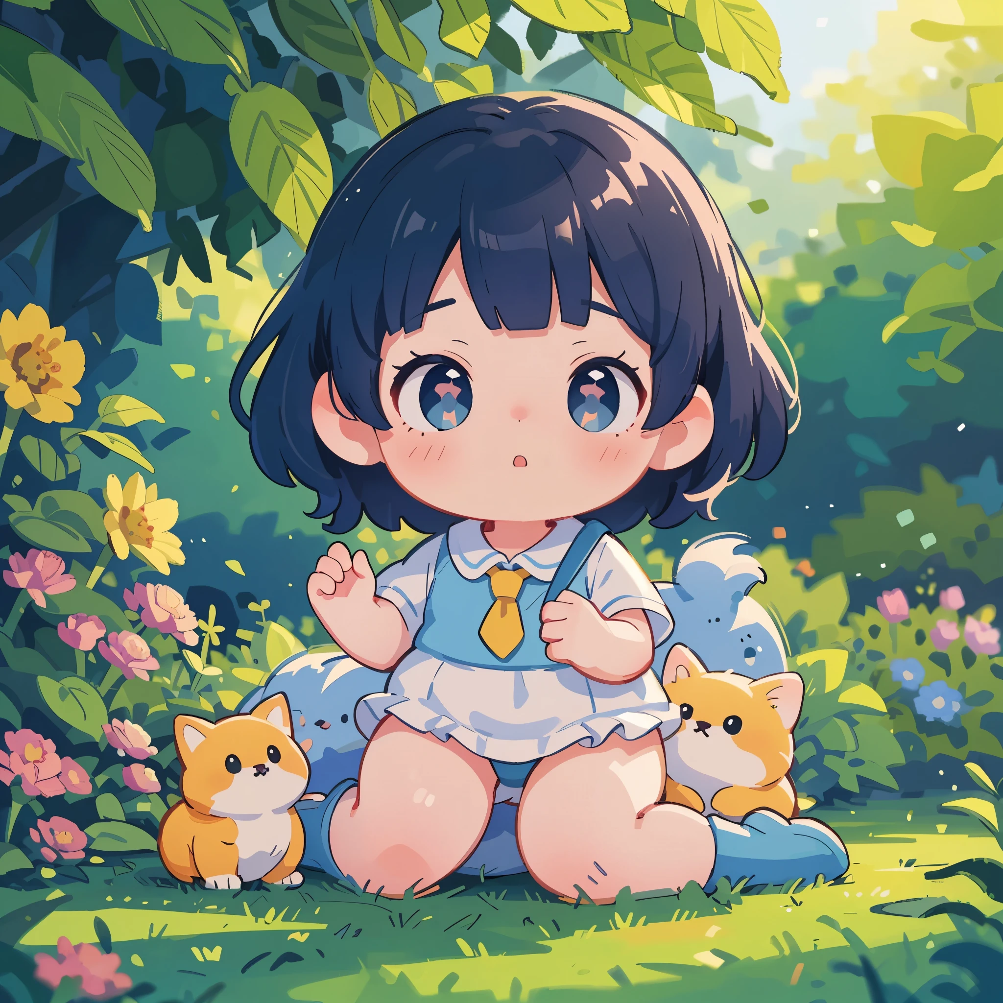 Anime girl with a kitten and a cat sitting in the grass - SeaArt AI