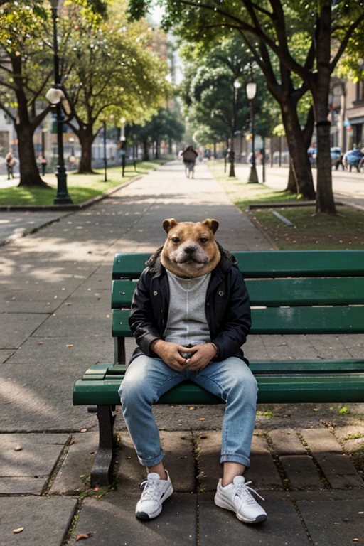 A toad with a dog face in a park in the city of Bogotá sitting on a bench