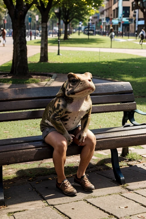 A toad with a dog face in a park in the city of Bogotá sitting on a bench