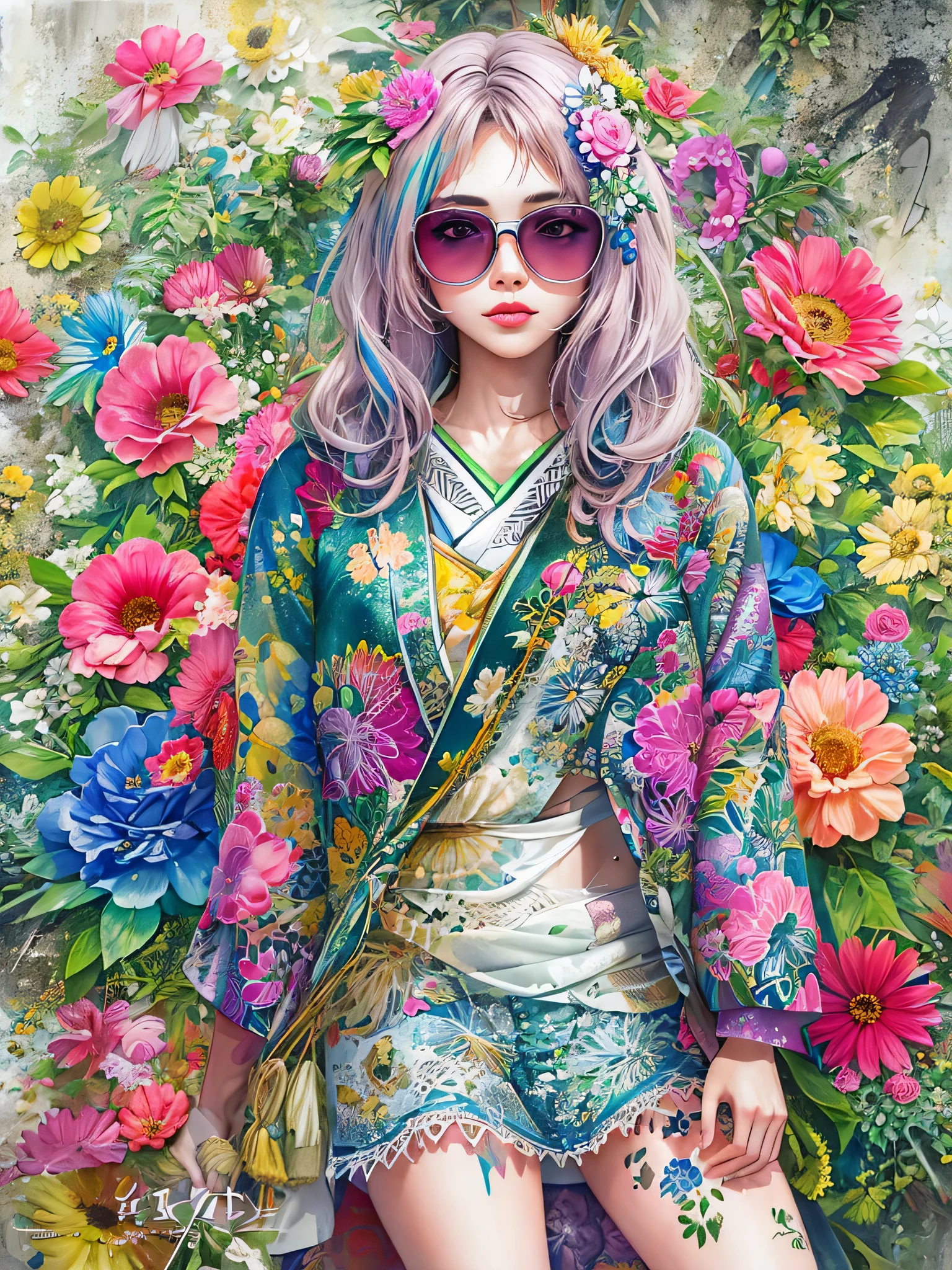 8K quality, watercolor painting, stylish design, (((The strongest beautiful girl of all time))), (((Japanese)))、Idol、clear, Stylish sunglasses, Fashionable hats, (((highest quality))), bob hair, HDR, ((Detailed details)), skull fashion, detailed clothing texture, (((graffiti art))), colorful hair, ((masterpiece))、((Super detailed))、(((colorful flowers)))