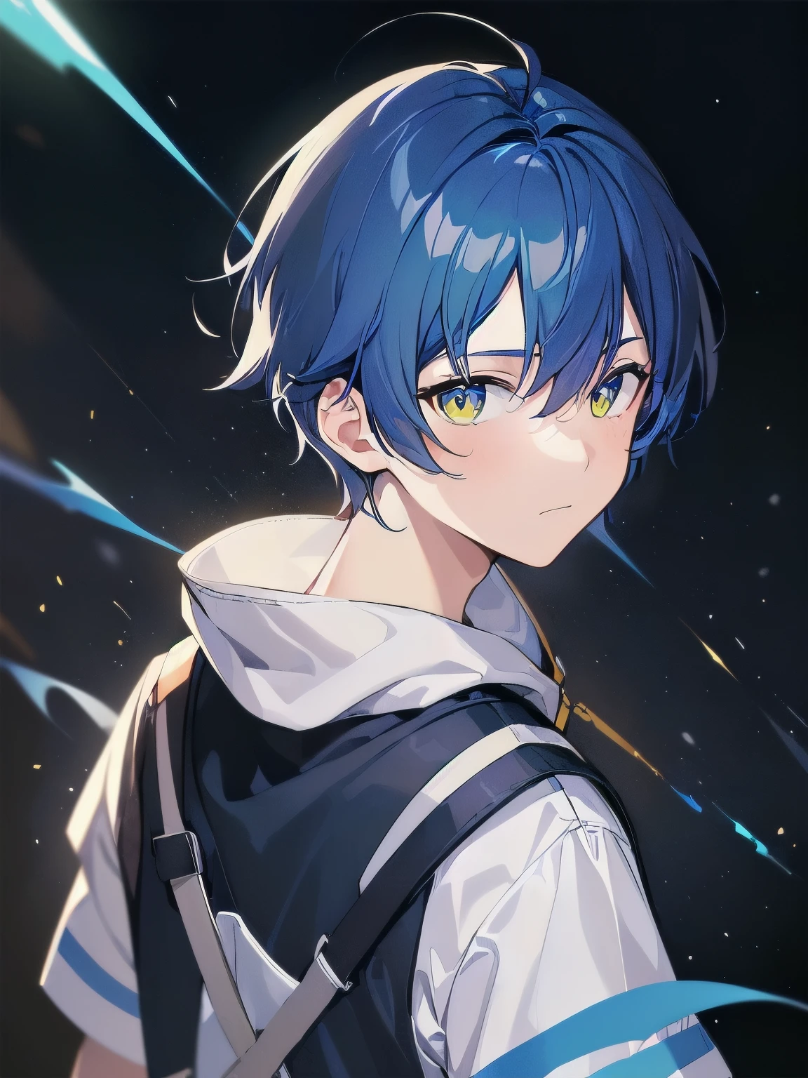 [(BLACK BACKGROUND:1.5),::5], ((((masterpiece)))), high quality, very_high_resolution, large_filesize, full color, ((younger boy)), 13 old year, short deepblue hair, vivid color, yellow eye, civilian clothes white, (galaxy), anime, 