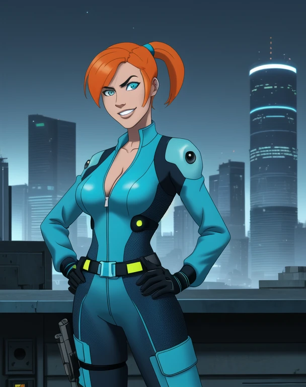 half body portrait, generic 32 year old Cyberpunk Agent, pretty and brave, medium breasts, light skin, thin and athletic, (Wearing a blue futuristic jumpsuit, utility belt and gun holsters), doing a heroic pose with hands on hips, grin with teeth, cleavage exposed, perfect eyes, perfect irises, standing on a rooftop with a night sky, The skyline of a cyberpunk city is seen in the background, (1girl with short orange hair, pony tail style and bright blue irises), 4k textures, raw photo, epic artistic, photoreal art, sharp focus, even lighting, insane details, intricate details, hyperdetailed, rich colors, staring at viewer, looking into camera, windswept hair blowing in the wind