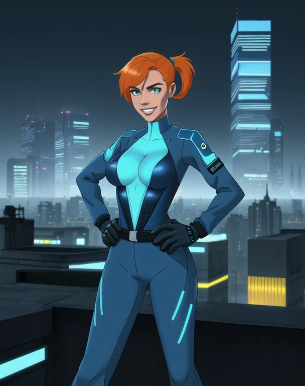 half body portrait, generic 32 year old Cyberpunk Agent, pretty and brave, medium breasts, light skin, thin and athletic, (Wearing a blue futuristic jumpsuit, utility belt and gun holsters), doing a heroic pose with hands on hips, grin with teeth, cleavage exposed, perfect eyes, perfect irises, standing on a rooftop with a night sky, The skyline of a cyberpunk city is seen in the background, (1girl with short orange hair, pony tail style and bright blue irises), 4k textures, raw photo, epic artistic, photoreal art, sharp focus, even lighting, insane details, intricate details, hyperdetailed, rich colors, staring at viewer, looking into camera, windswept hair blowing in the wind