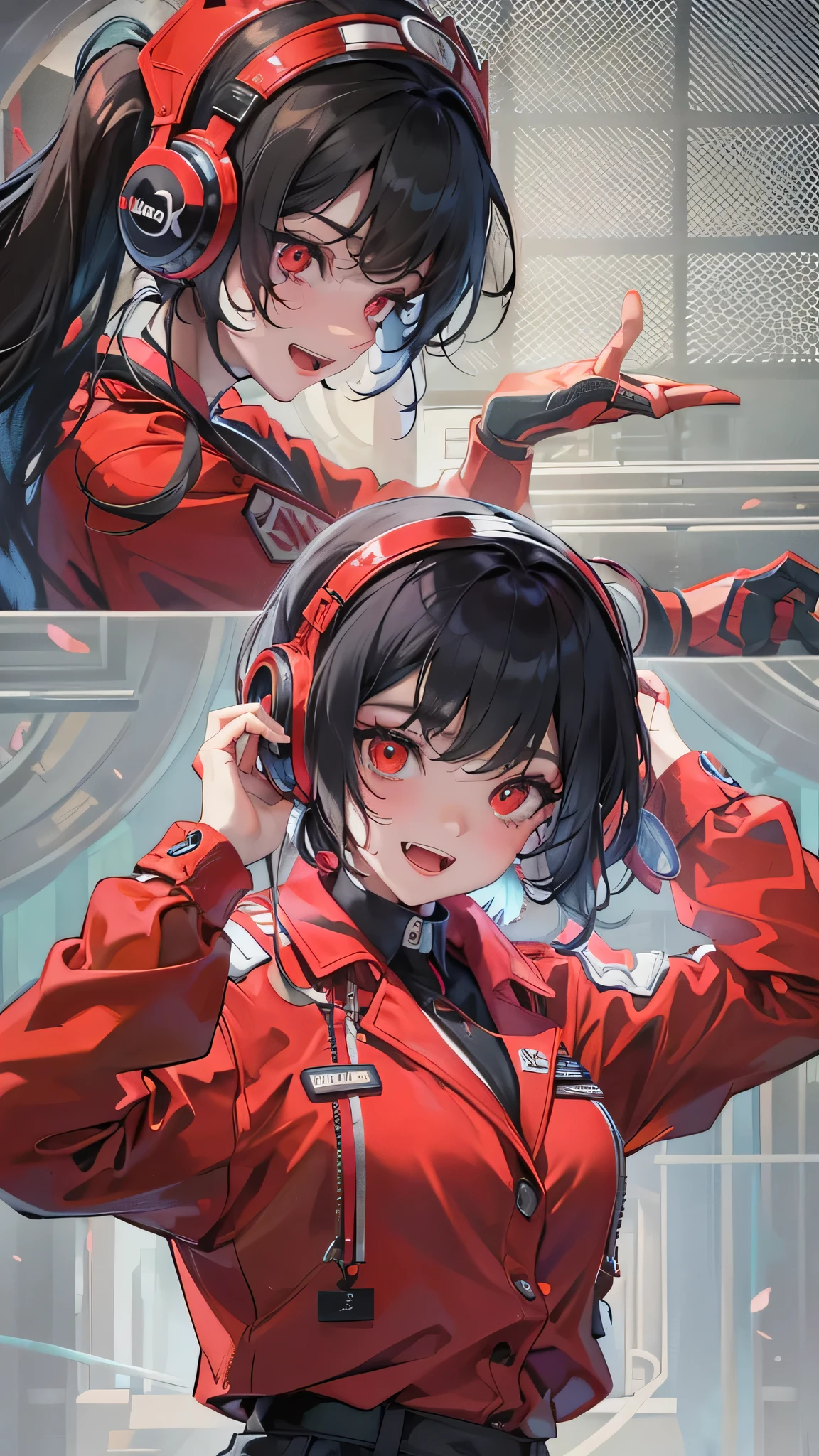 perfect anatomy, masterpiece:1.4, best quality, 8k, beautiful detailed grow, daydreaming expression, in the rap battle stage, ((Rap Battle style)) (hand holding mike gripping mike), break, profile (solo straight black hair long hair femdom cute girl, 18 yo, cute red eyes, happy smile, ((make-up)) love face, open mouth), break, (in a sexy dj style uniform).