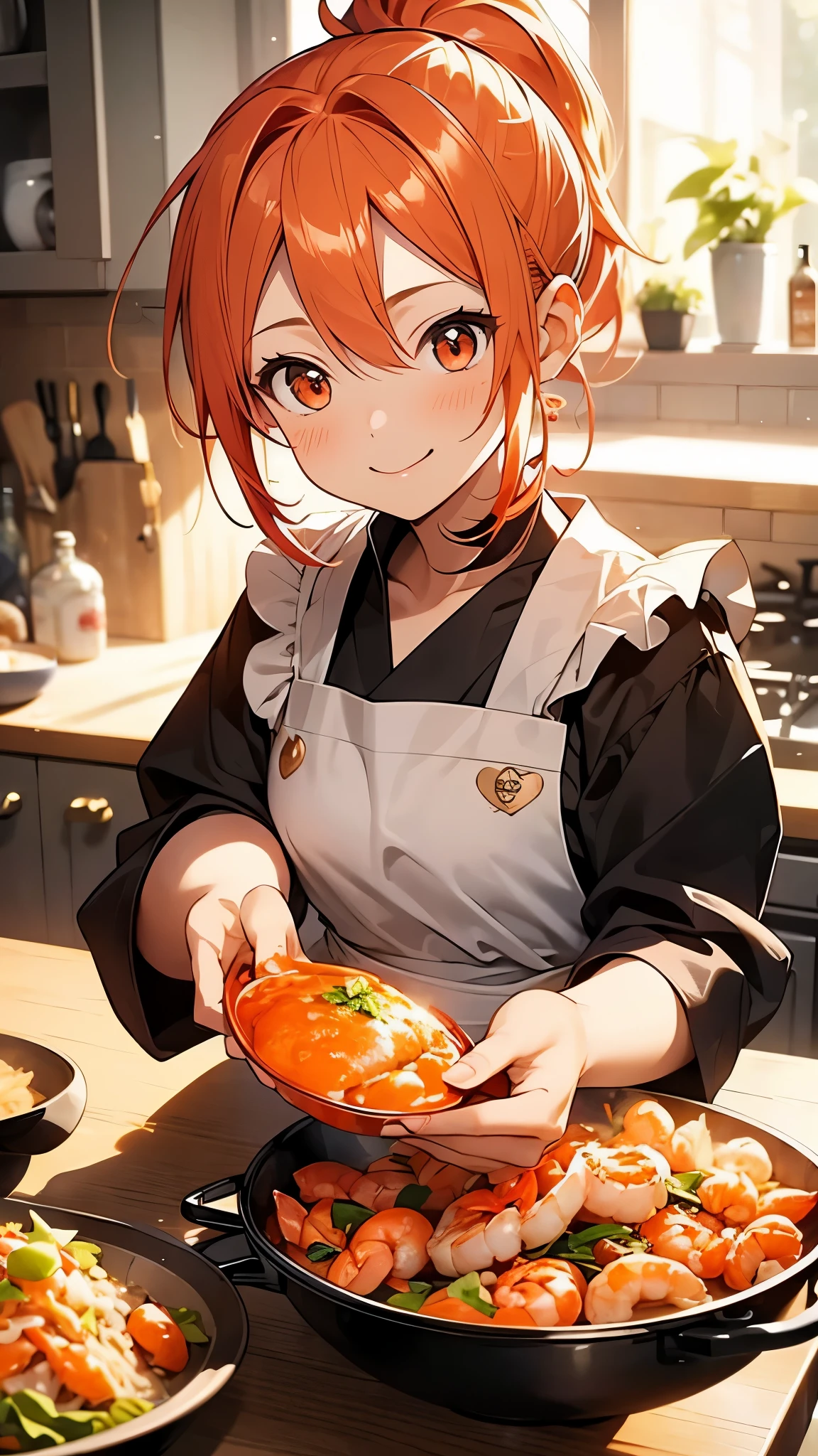 １girl、Cute shrimp woman、Cook delicious food in the kitchen、orange hair、ponytail、beautiful red eyes、apron、Beautiful smile、upper body close-up