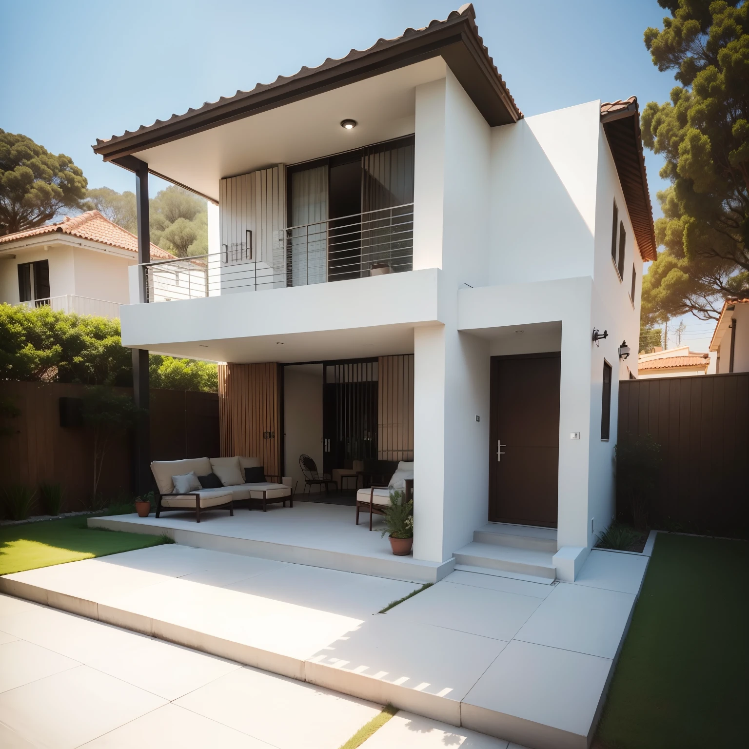 Obra-prima, alta qualidade, melhor qualidade, super detalhe, minimalismo, exterior, Luxury leisure area, casa moderna, churrasqueira colonial, mesa comprida com cadeiras em MDF na cor Ovo Original, /(moderno/)