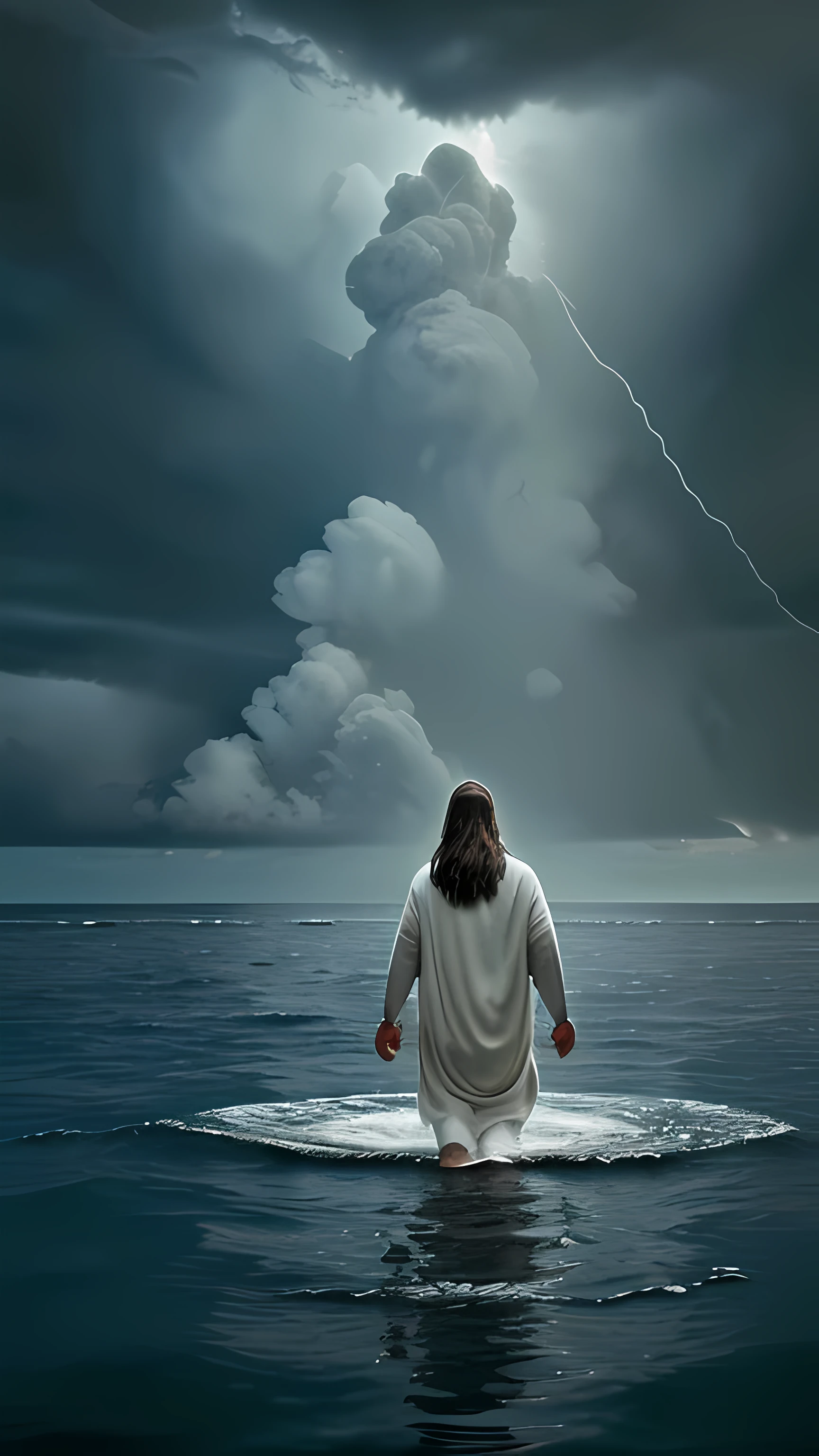 Jesus walking on water in a sea with great storm ((Indie music album cover)) ((Best Quality)) ((HD))